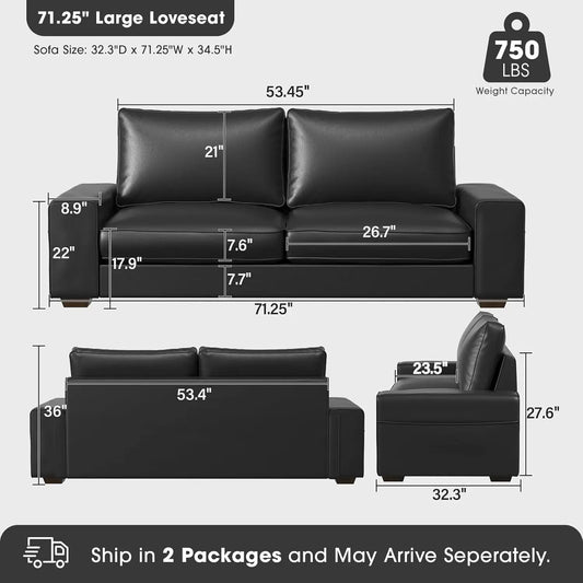 Faux Leather Loveseat with Wide Arm, Side Pockets, Solid Wooden Frame