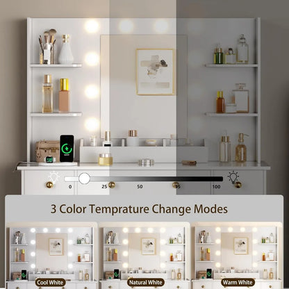 Makeup Desk with Mirror & Lights: Charging Station, 3 Drawers & Stool