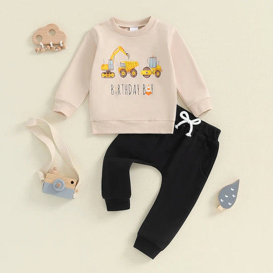 18MO-5T Little Boy Birthday Outfit, Excavator Print, Long Sleeve Sweatshirt w/Pants with Pockets