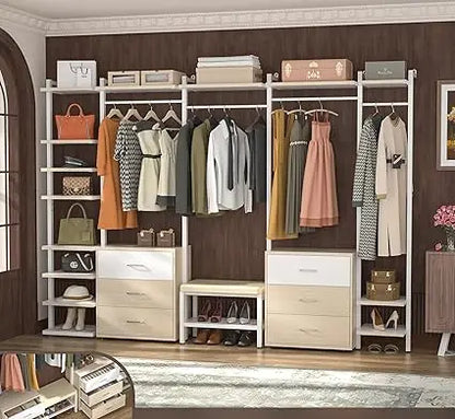 Clothing Rack Heavy Duty Closet System Organizer, 8FT Large Wall Mounted Garment Rack with 6-Drawers