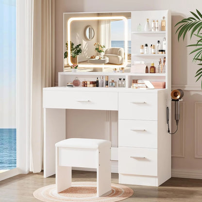 Makeup Vanity  35.4'Wx15.7'Dx53.9'H (Smart LED Mirror, Open Shelves, with Cushion Stool, 4 Drawers, Hairdryer Rack,