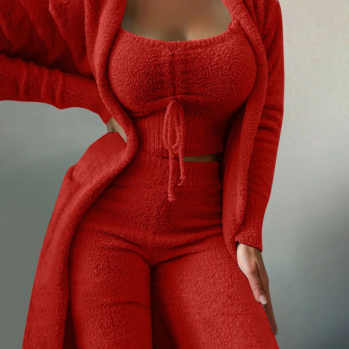 Women'S Fleece 3 Pc Loungewear, Spaghetti Strap Crop Tank, Wide Long Pants, Fuzzy Kimono ,