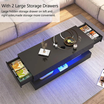 Modern Stylish Coffee Table with 2 Storage Drawers and LED lights