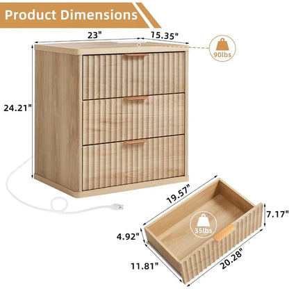 Set of 2, 23" Wide Night Stand with Charging Station, 3 Drawers w/Metal Handle