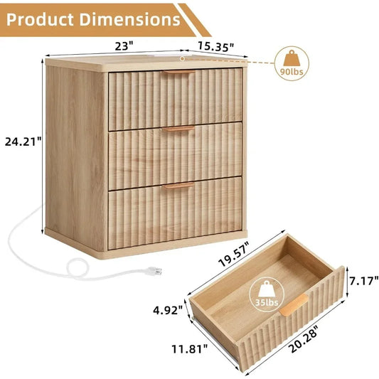 Set of 2, 23" Wide Night Stand with Charging Station, 3 Drawers w/Metal Handle