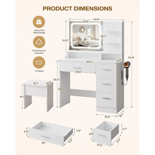 Makeup Vanity  35.4'Wx15.7'Dx53.9'H (Smart LED Mirror, Open Shelves, with Cushion Stool, 4 Drawers, Hairdryer Rack,