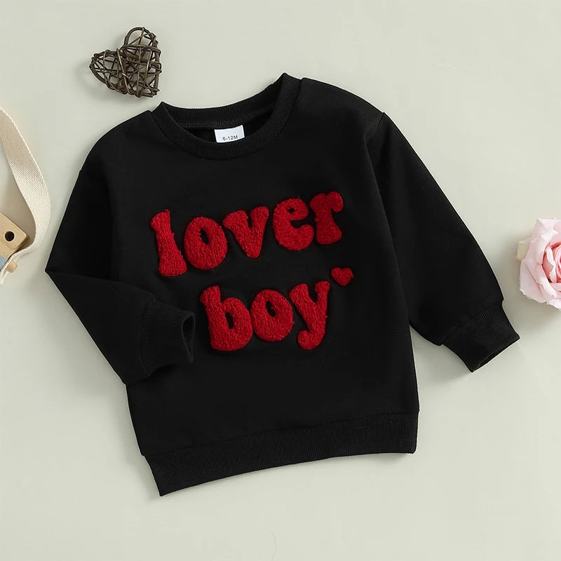 Toddler/Baby Boys Valentine's Day Sweatshirts, Long Sleeve, Crew Neck, Letter Embroidery