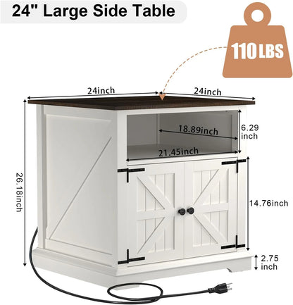 24" Farmhouse Style Side Table with Adjustable Storage Shelves and charging station