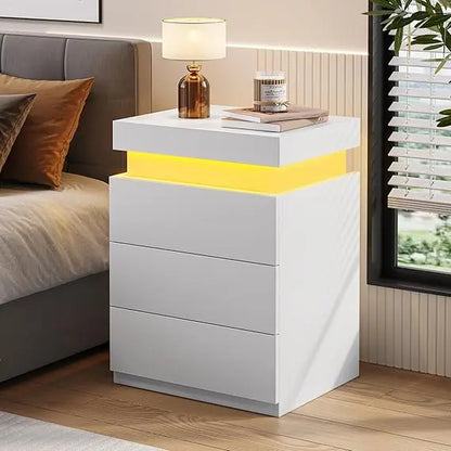 Side stand with Charging Station and LED Lights, Sliding Top, Drawers