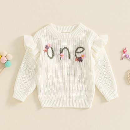 6-18 MO Birthday Sweater, Floral Letter Embroidery, Warm Knitted Pullover