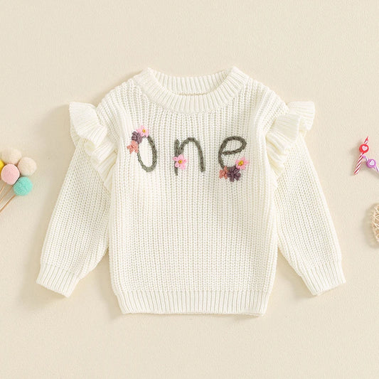 6-18 MO Birthday Sweater, Floral Letter Embroidery, Warm Knitted Pullover