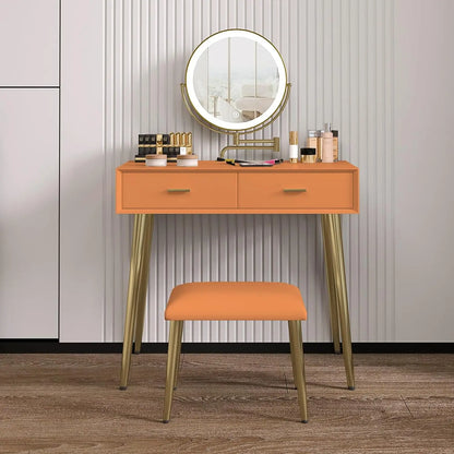 Vanity Desk Set with 360° Rotating Mirror and Lights, with Microfiber Leather, with 2 Drawers,