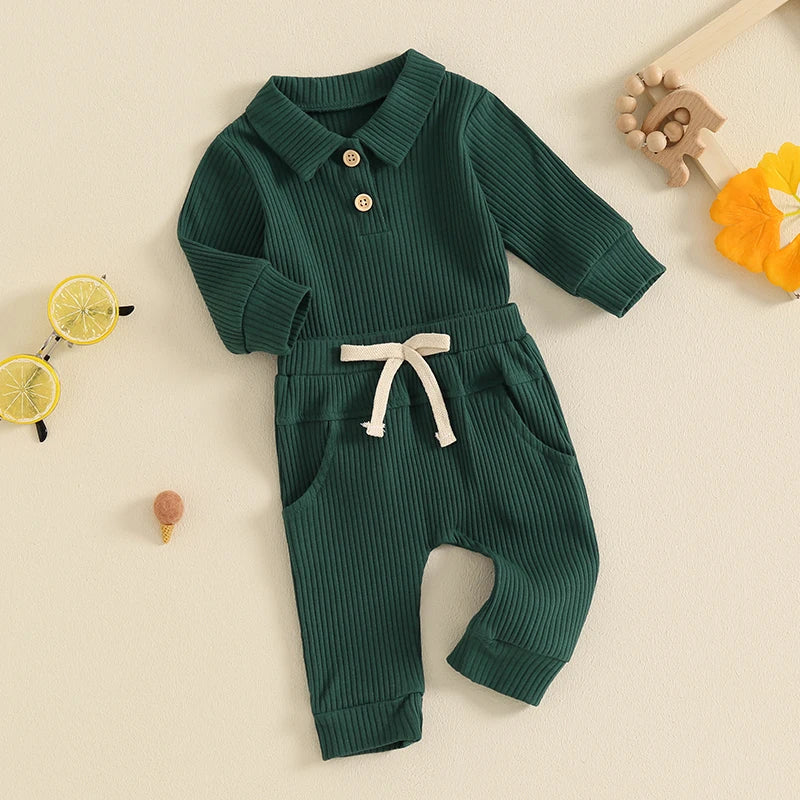 Autumn Infant Baby Boys Ribbed Set, Button Long Sleeve Romper, Drawstring Pocket Trousers