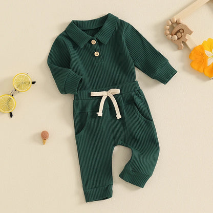 Autumn Infant Baby Boys Ribbed Set, Button Long Sleeve Romper, Drawstring Pocket Trousers