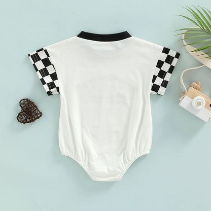 6-18M Infant Boy Romper, Plaid Short Sleeve Round Neck Cartoon Pattern Letter Print