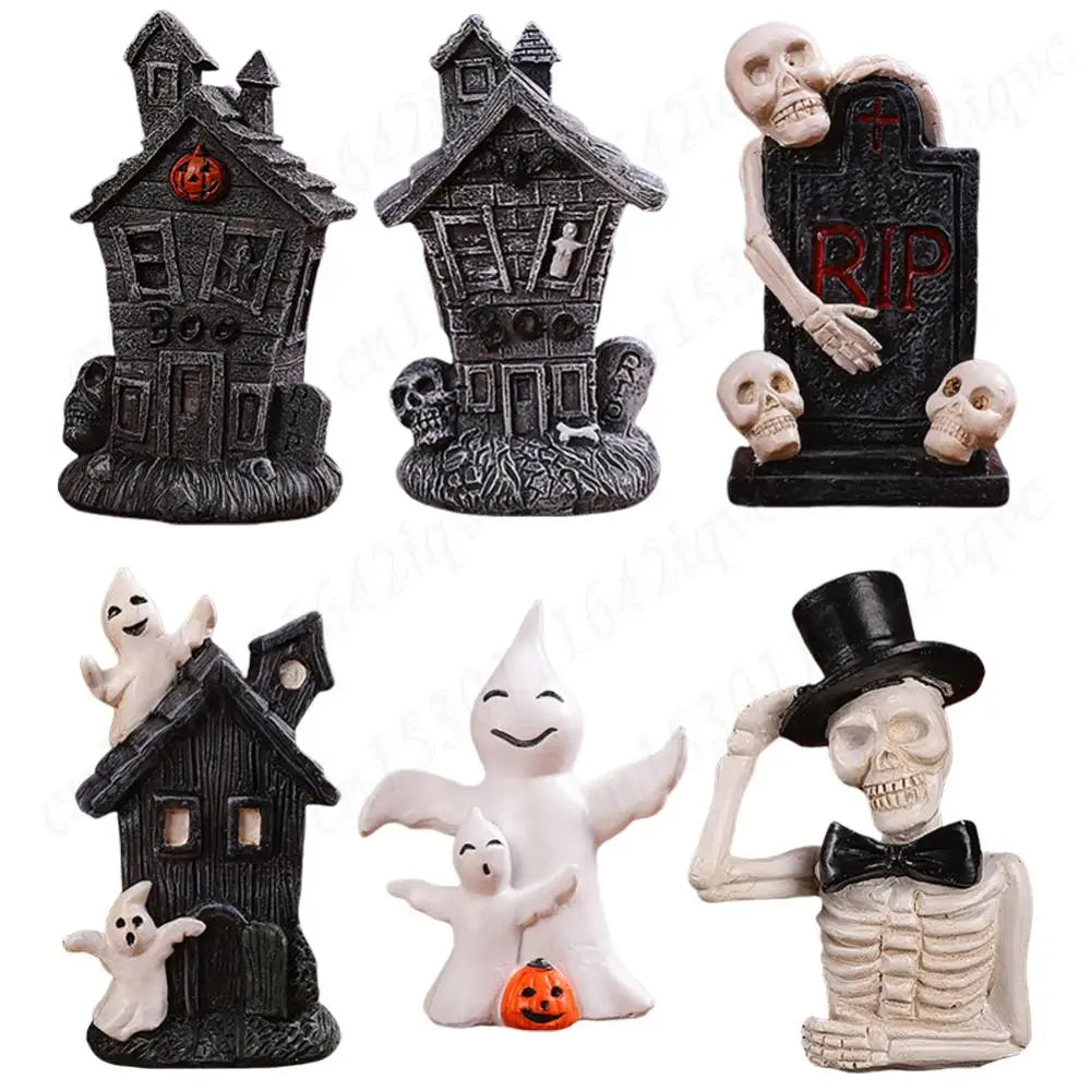 Halloween Miniature Resin Statue Figurines, Pumpkin haunted house and skeleton tombstone