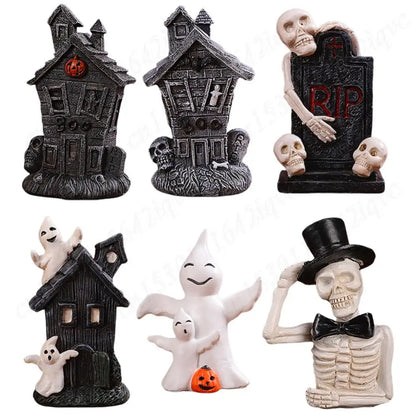 Halloween Miniature Resin Statue Figurines, Pumpkin haunted house and skeleton tombstone