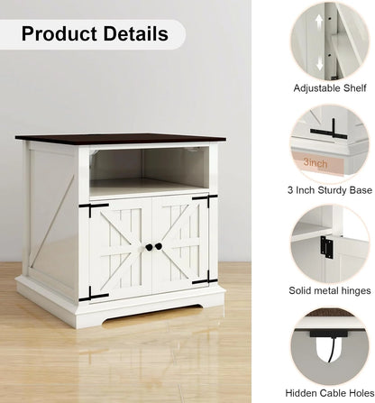 24" Farmhouse Style Side Table with Adjustable Storage Shelves and charging station