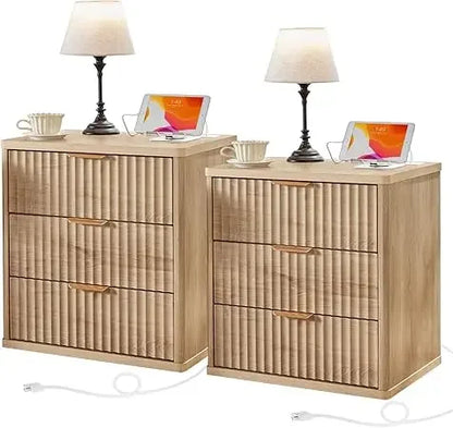 Set of 2, 23" Wide Night Stand with Charging Station, 3 Drawers w/Metal Handle