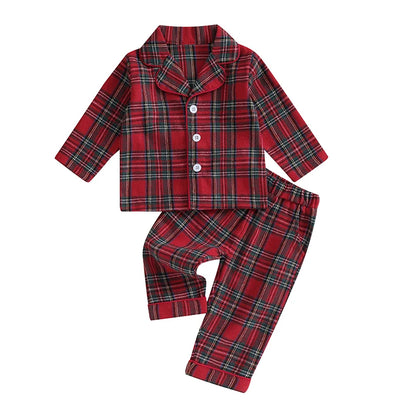 6M-4Y Kids Christmas Pajamas Set, Plaid Button up Long Sleeve Shirt and Elastic Pants Sleepwear