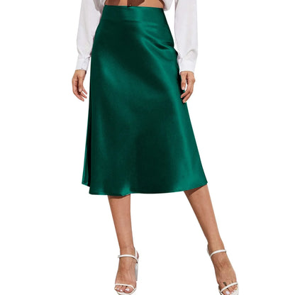 Womens Elegant Satin Skirt, High Waist, Midi Length, Satin Silk, Solid Color Office Work Skirts