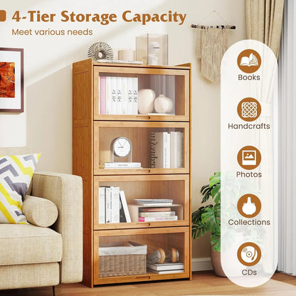 4-Tier 55" Bamboo Bookshelf with Flip-up Acrylic Doors