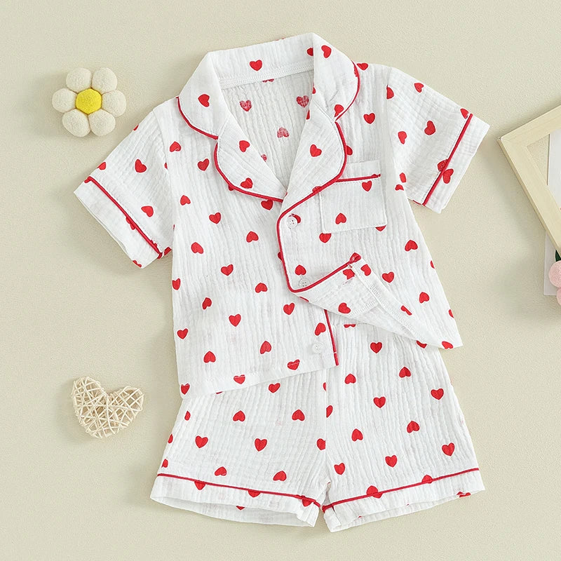 6MO-4T Girl Valentine‘s Day Heart Button Down Short Sleeve Sleepwear Loungewear Pjs Set