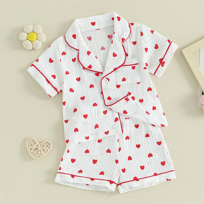 6MO-4T Girl Valentine‘s Day Heart Button Down Short Sleeve Sleepwear Loungewear Pjs Set