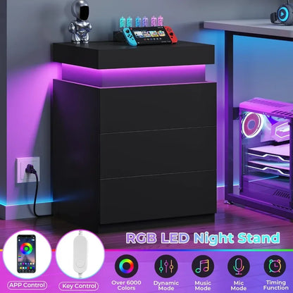 LED, Set of 2,Nightstand with Charging Station and Sliding Top