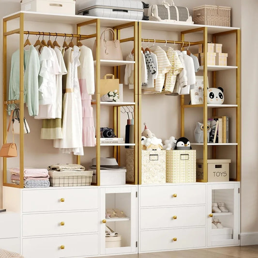 2 pcs Closet Organizer System, Wardrobe Closet with 3 Wooden Drawers, Clothes Rack with Hanging Rods and 4 Tiers Shelves