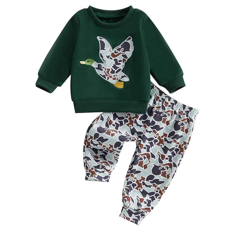 6MO-3T Spring Kids/Baby Boy Outfit Sets, Long Sleeve Duck Embroidery Pullover, Camouflage Pants