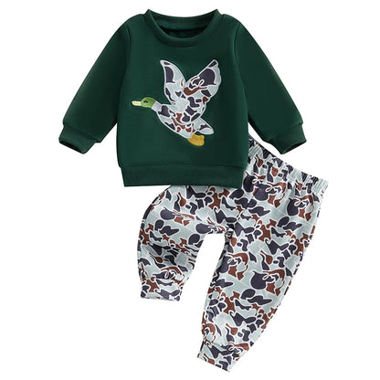 6MO-3T Spring Kids/Baby Boy Outfit Sets, Long Sleeve Duck Embroidery Pullover, Camouflage Pants