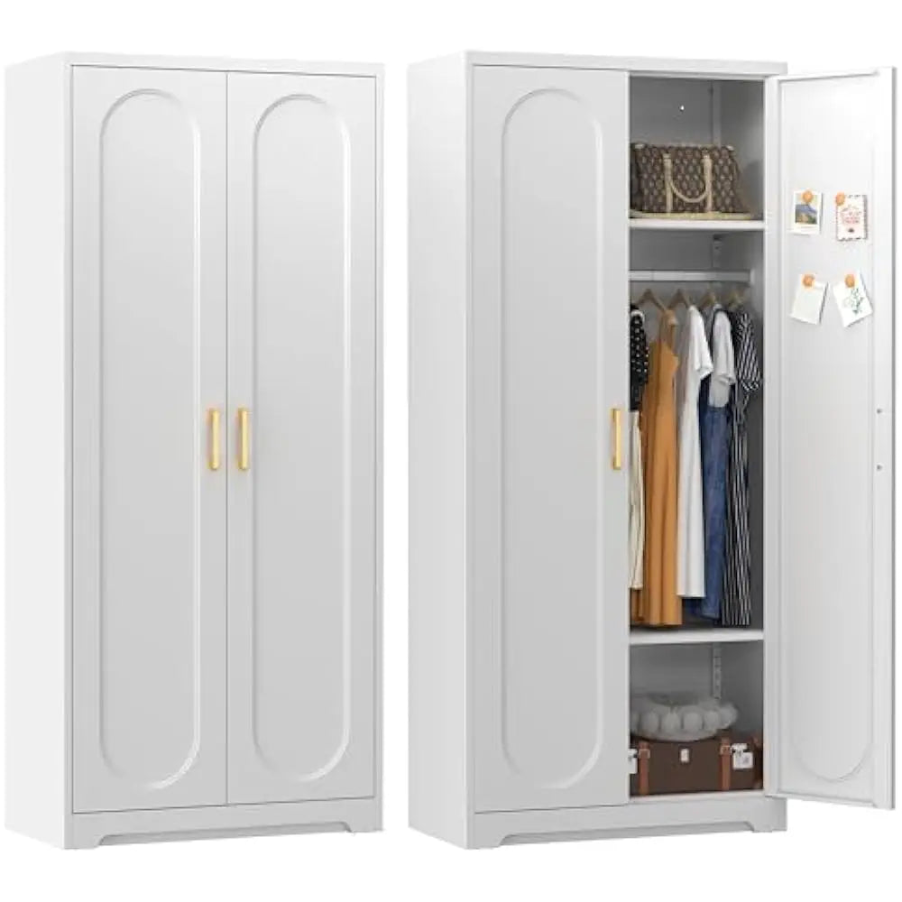 71'' Wardrobe Cabinet w/Doors & Hanging Rod, Metal Closet with 2 Adjustable Shelves