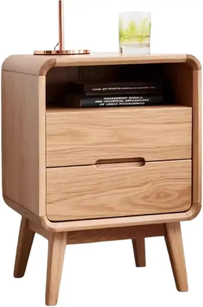 100% Solid Oak Wood Nightstand with Drawer & Storage Shelf