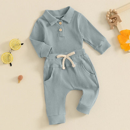 Autumn Infant Baby Boys Ribbed Set, Button Long Sleeve Romper, Drawstring Pocket Trousers