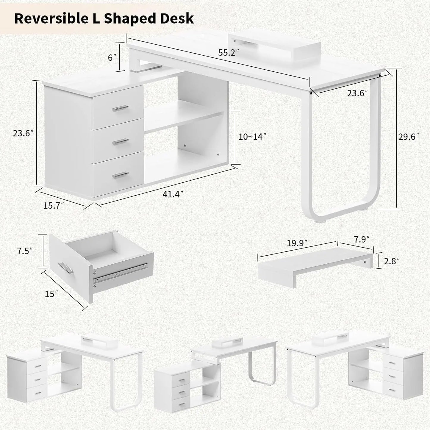L Shaped Desk with Drawers and Shelves, 55"