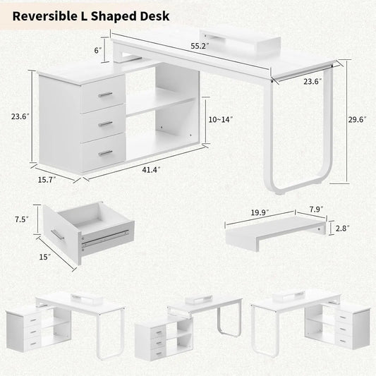 L Shaped Desk with Drawers and Shelves, 55"