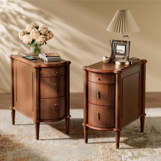 Set of 2 Nightstands w/Charging Station & 3 Drawers,Rustic Wood Finish, and Turned Legs