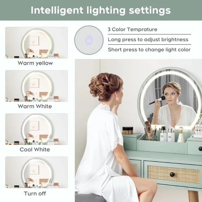 31" Natural Rattan Vanity Desk Set, w/3 Modes, Adjustable ,Lighted Mirror & Cushioned Stool