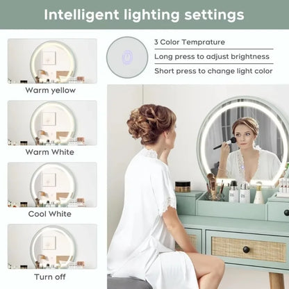 31" Natural Rattan Vanity Desk Set, w/3 Modes, Adjustable ,Lighted Mirror & Cushioned Stool