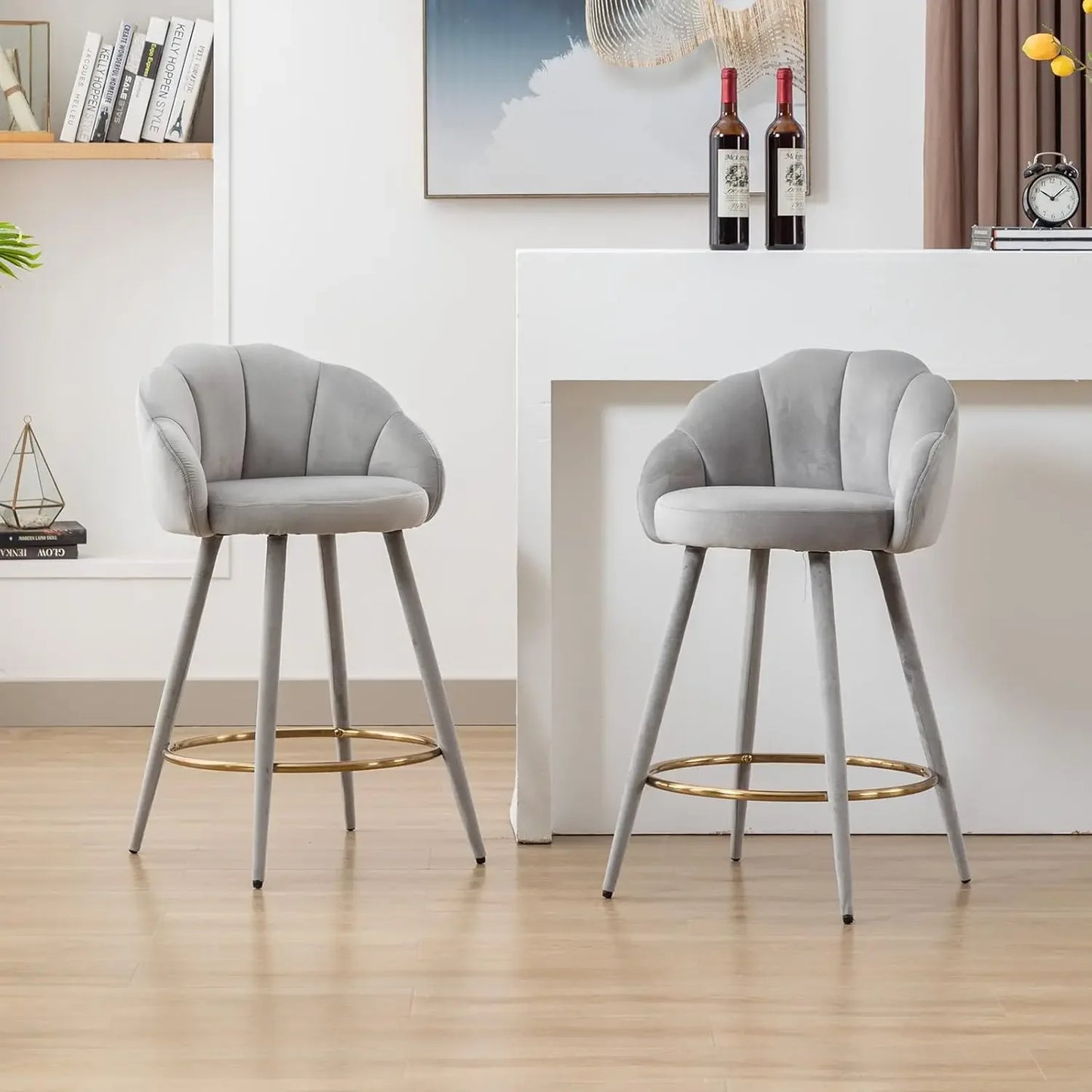 Set of 2 Modern 25.5" Counter Height Barstool with Petal Back & Gold Metal Ring Footrest