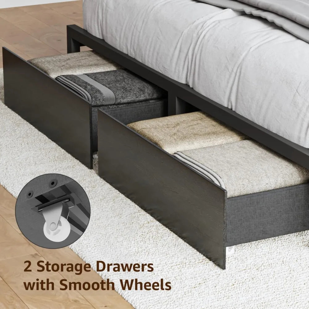 Full Size Bed Frame with 4 Storage, Velvet Upholstered with Button Tufted Headboard Led Lights