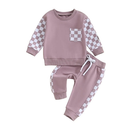 0 MO-3Y Girl Clothes Outfits, Long Sleeve, Checkboard Sweatshirt and Pants Set