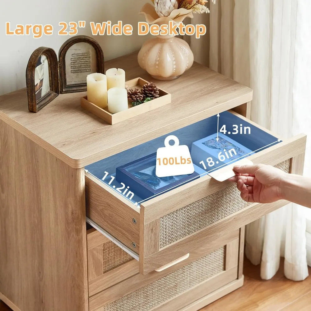 Set of 2, 23" Large 3 Drawer Sidestand, Natural Wood