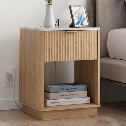 Set of 2, Nightstands with Charging Station  18" Bedside Table with Color Top, with Drawer & Open Shelf