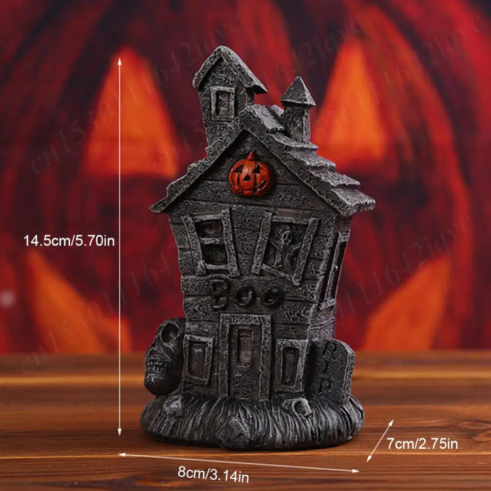 Halloween Miniature Resin Statue Figurines, Pumpkin haunted house and skeleton tombstone
