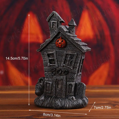 Halloween Miniature Resin Statue Figurines, Pumpkin haunted house and skeleton tombstone