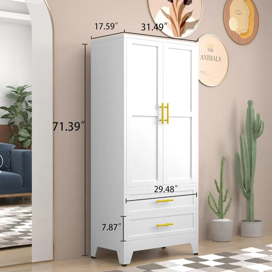 71" H Metal Armoire Wardrobe Closet with 2 Drawers, Adjustable Shelves, Clothes Drying Pole