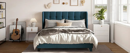 Fabric Upholstered Square Stitched Headboard and Wooden Slats