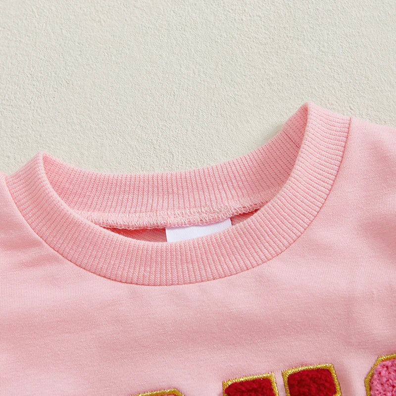 12M-4T Kids Girls Valentines Day Sweatshirt, Long Sleeve, Crew Neck, Embroidery Letters, Pullover Hoodie Tops